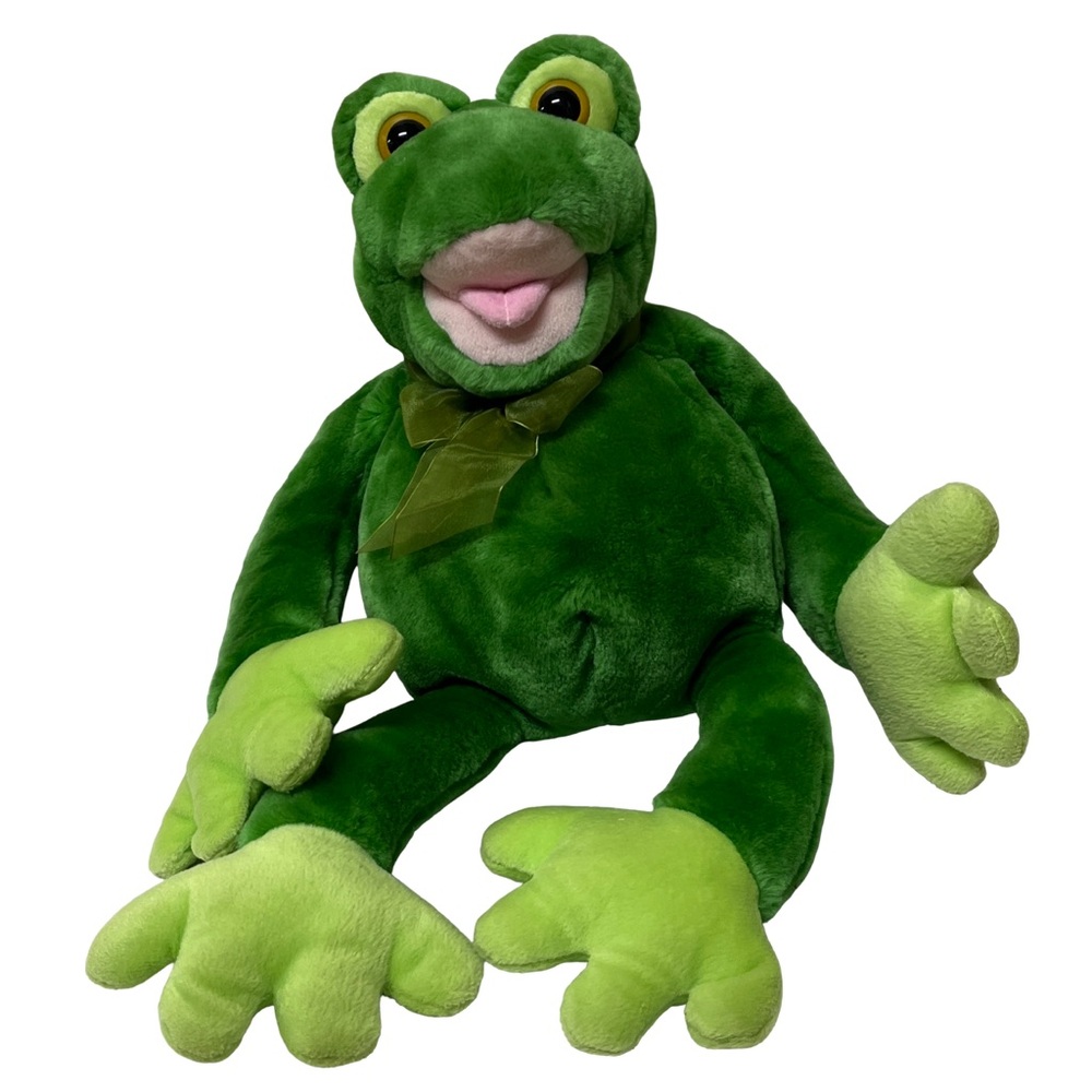 Green Plush Frog Toy,GUC, big, acrylic, eyes, green ribbon, 20” long, no tears